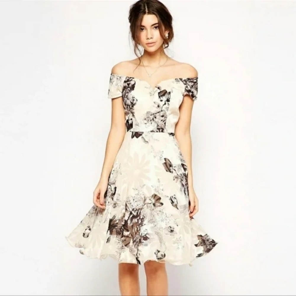 Chi Chi London Floral Fit & Flare Dress w/ Bardot Neckline; Cream; 6